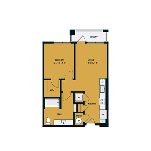 Floor plan for 1 bed, 1 bath, 653 sqft